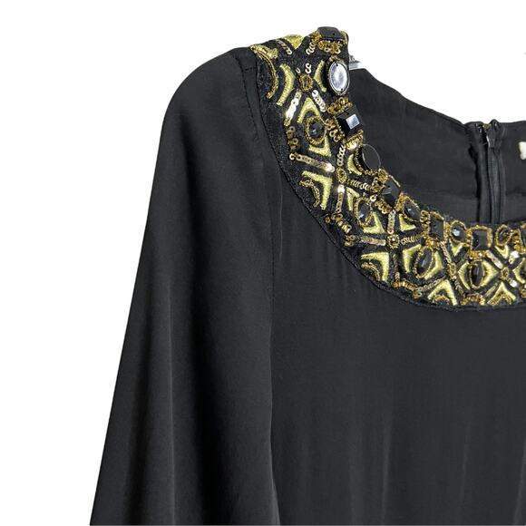 Alice + Olivia Women's A-Line Dress Black Silk W/ Gold Sequins Puff Sleeve Sz S - Picture 4 of 10